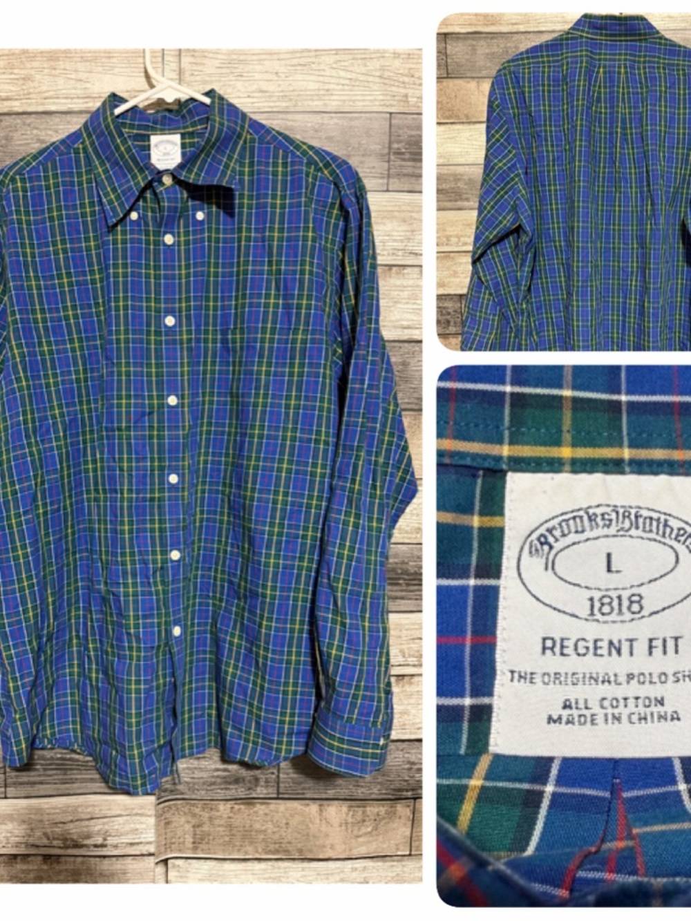 Brooks Brothers Regent Fit Plaid Button Up Shirt Men’s L Blue Green 100% Cotton